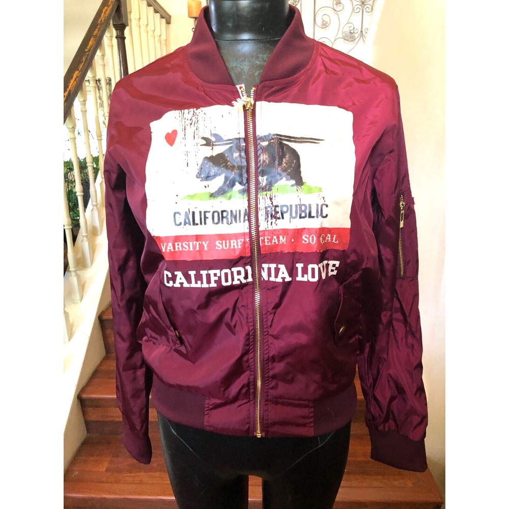 Cali Love Jacket Bomber Burgundy Pockets Cali Bear Front Zip Ribbed Waist Med.